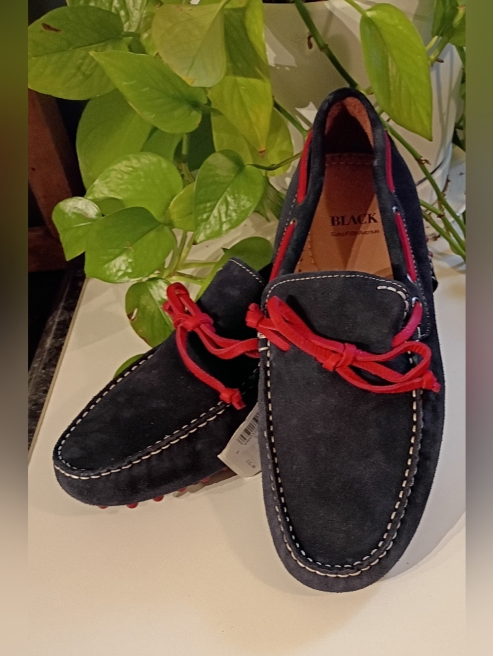 Blue Suede Boat Shoes with Red Laces by Black